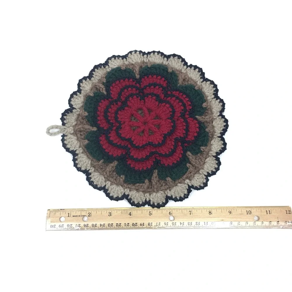 Handmade Vtg Crochet Hanging Decorative Pot Holder Trivet Flower Red Green Brown
